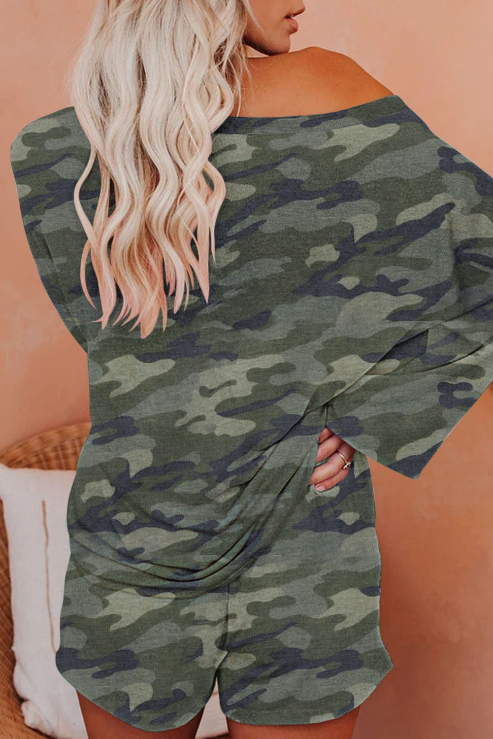 经典迷彩印花长袖上衣抽绳短裤休闲家居服