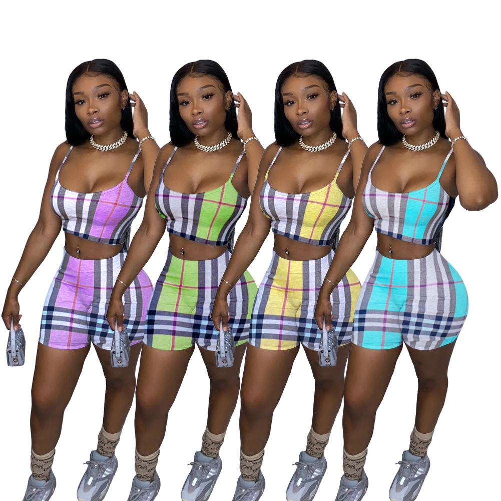 Plaid Print Sexy Strap Crop Top and Biker Shorts Set