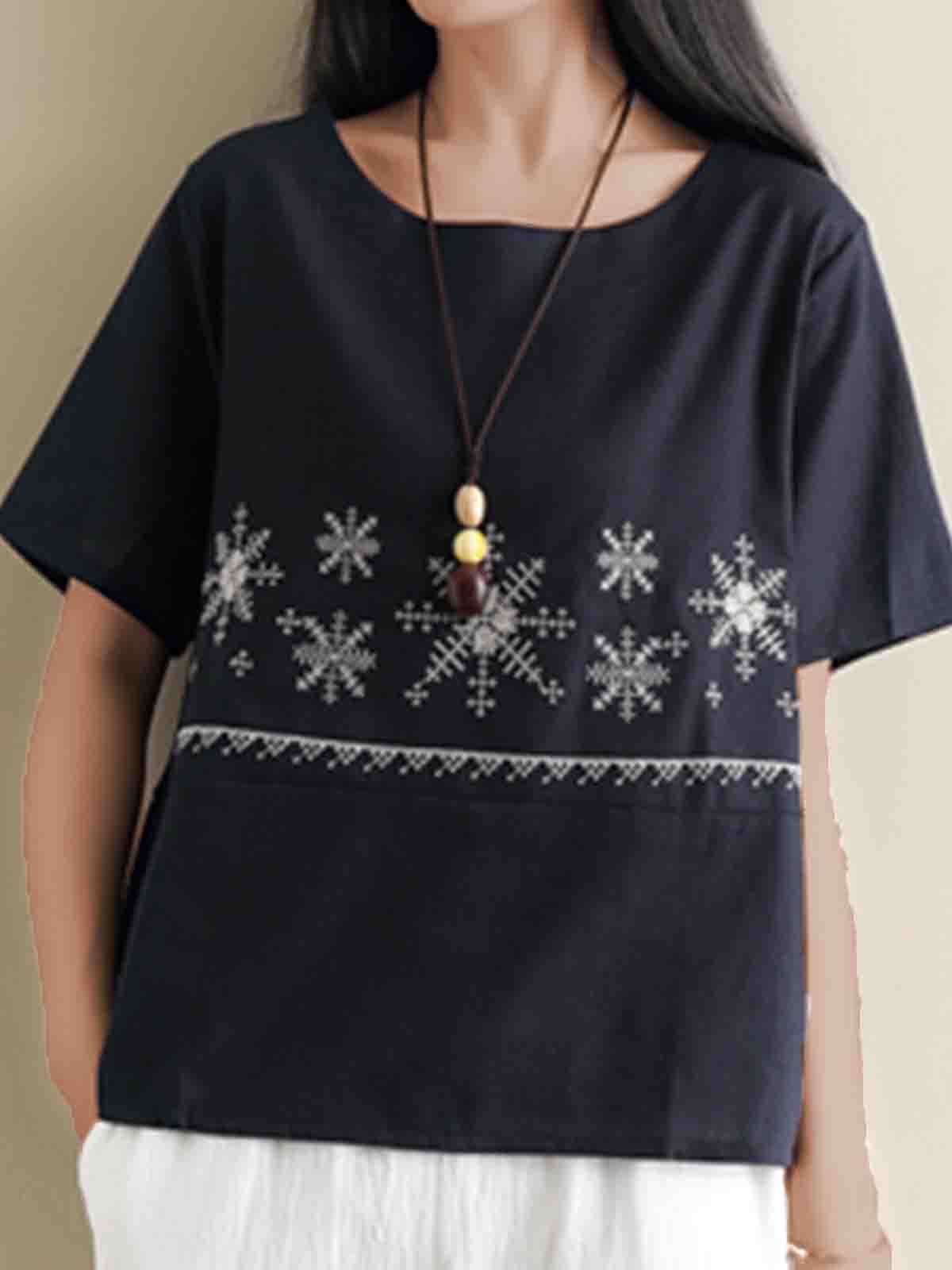 Plus Size Women Cotton And Linen Short Sleeve Round Neck Embroideried Loose Casual Tops