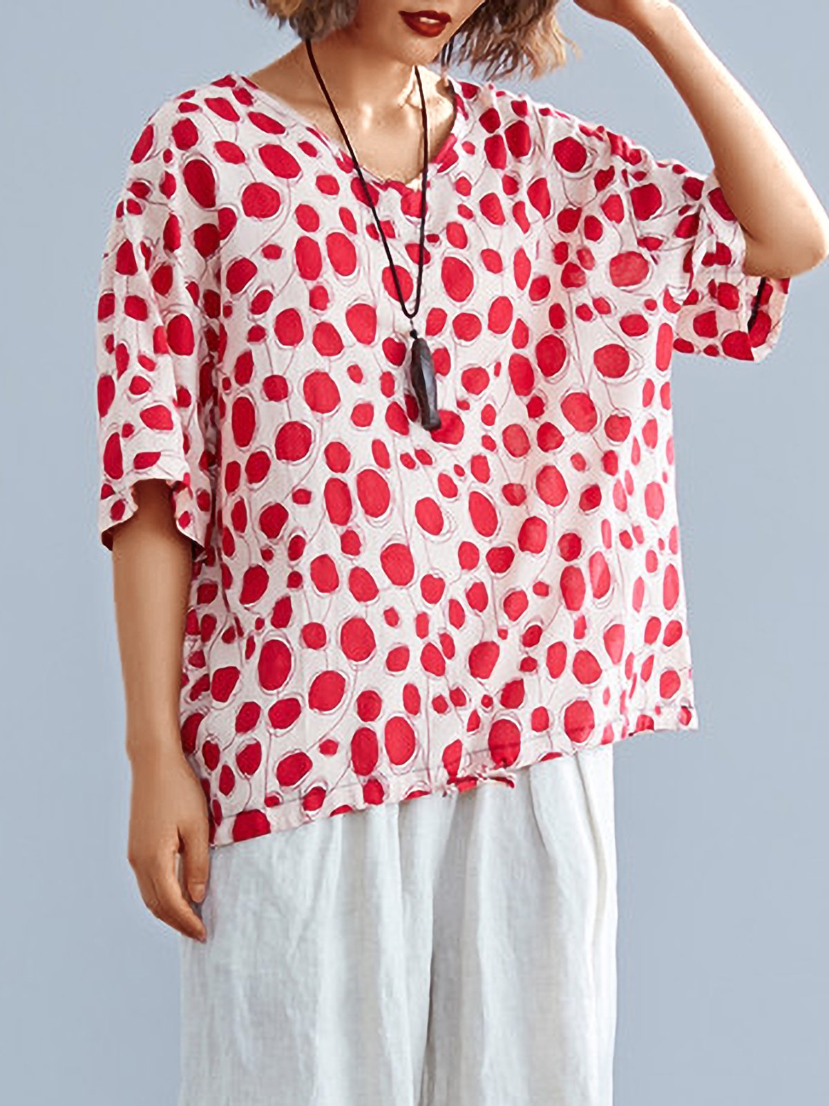 Plus Size Women Short Sleeve V Neck Vintage Floral Casual Tops