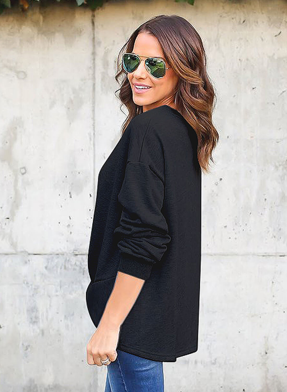 Black Knot Twist Front Long Sleeve Casual Pullover Sweatshirt