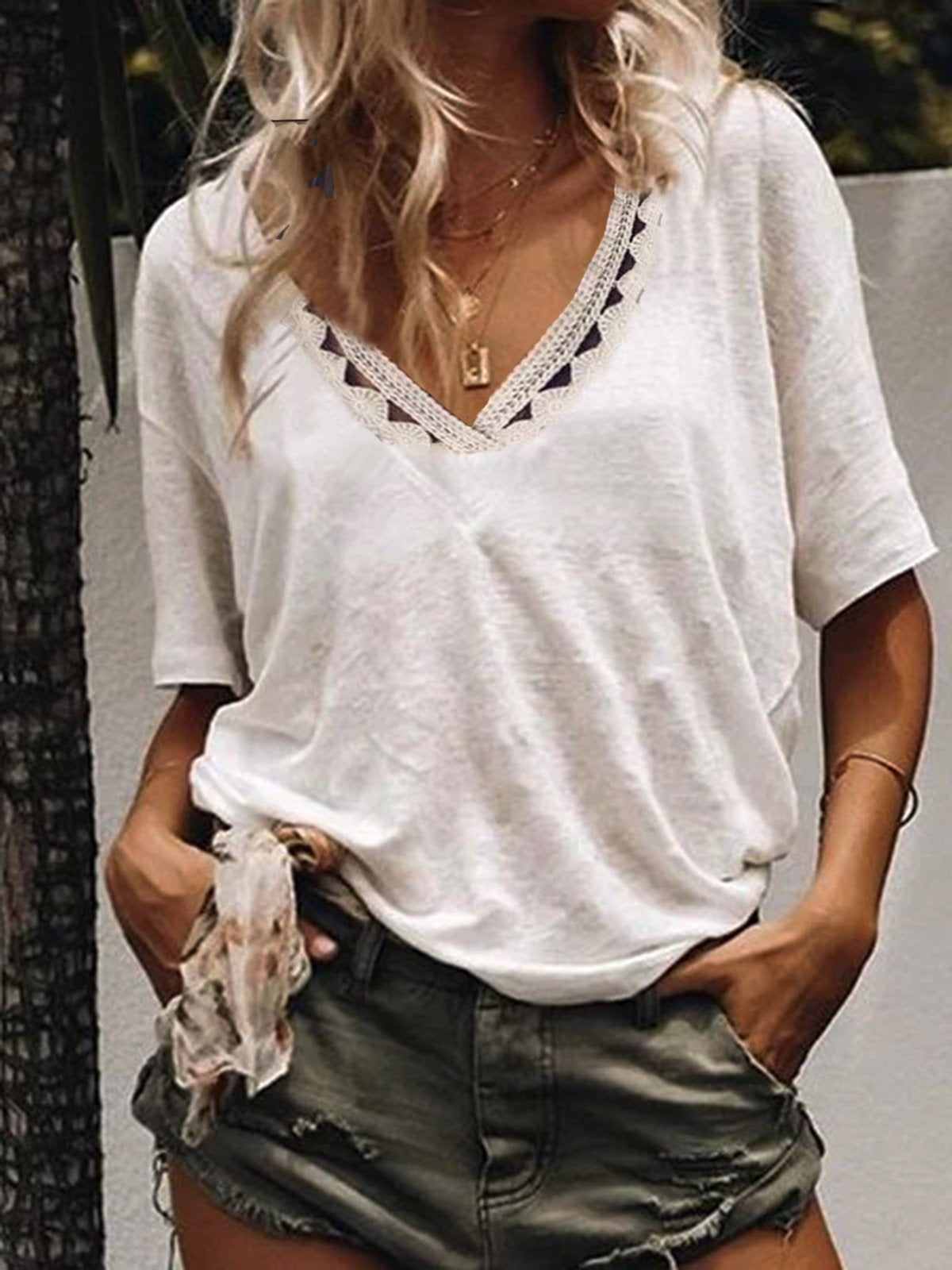 Short Sleeve Cotton-Blend V Neck Shirts & Tops