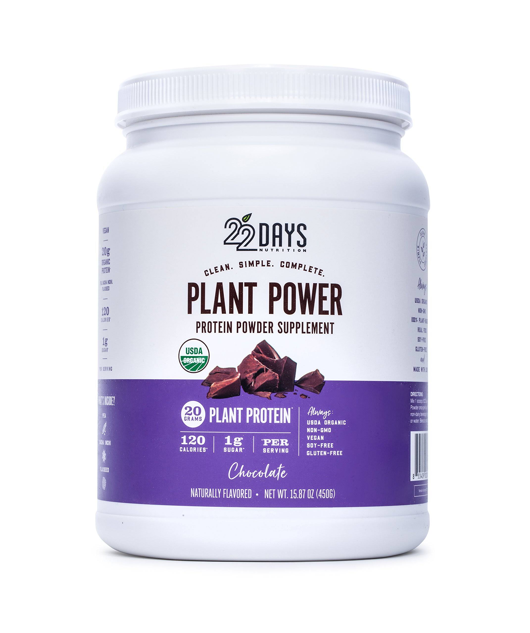 22 Days Protein Powder, Chocolate, Plant Power - 15.87 oz
