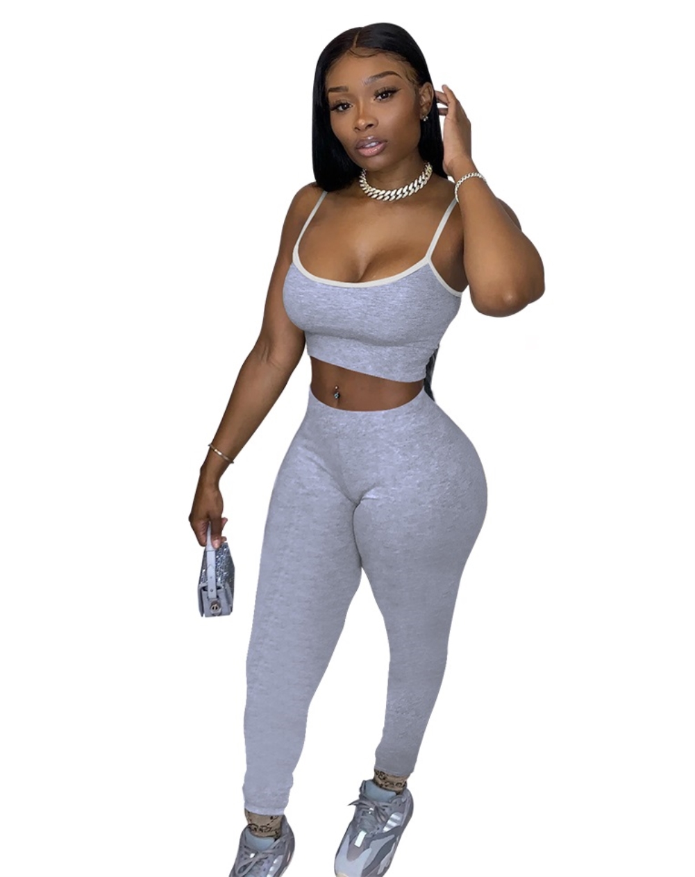 Sports Plain Strap Crop Top and High Waist Legging Set