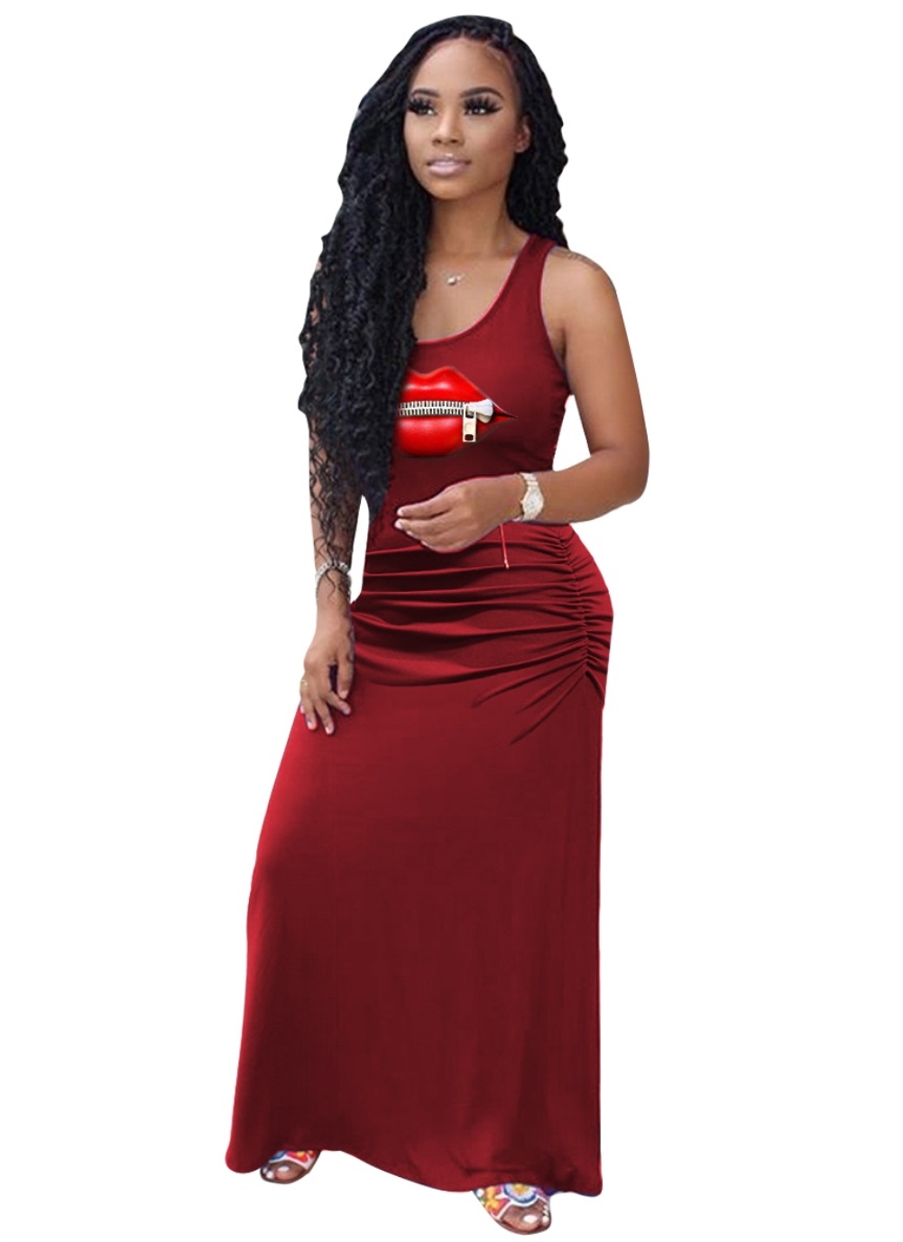 Summer Print Sleeveless Ruched Long Dress