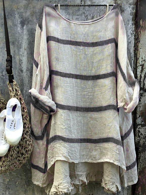 Women Top Striped Linen Long Sleeve Top Crew Neck Blouse