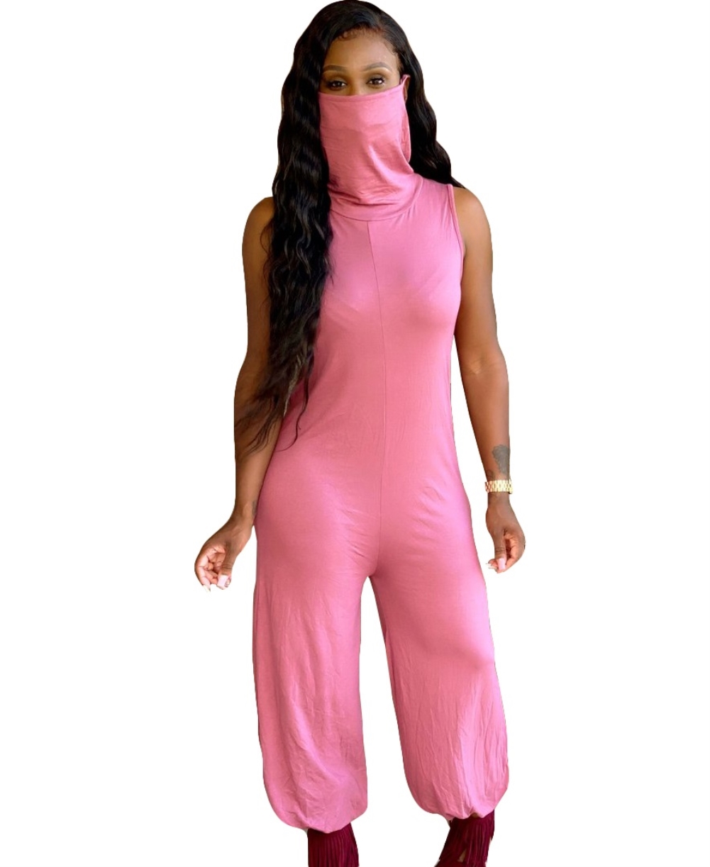 Casual Solid Color Sleeveless Loose Jumpsuit with Face Cover
