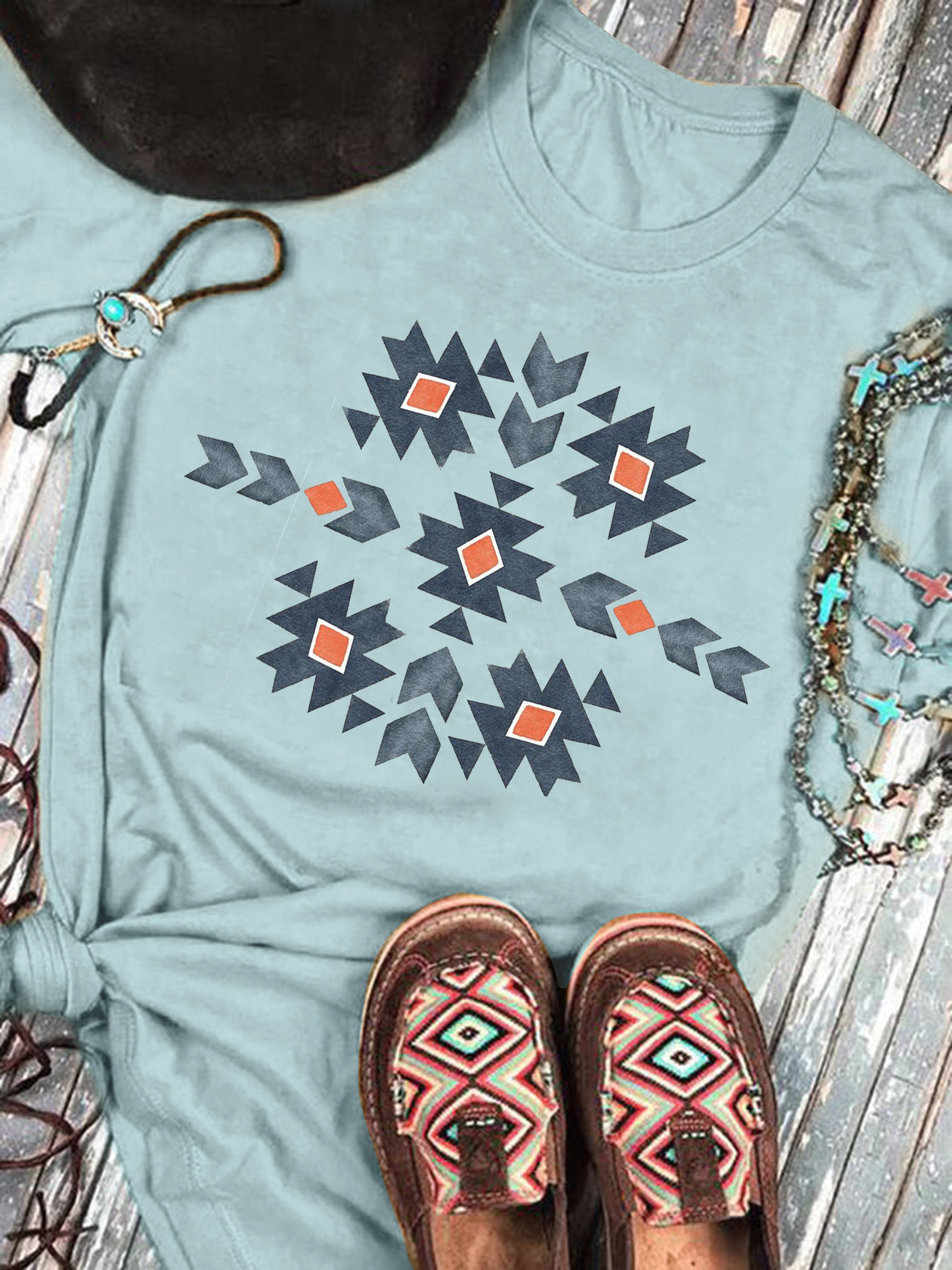 Blue Short Sleeve Shift Crew Neck Tribal Shirts & Tops
