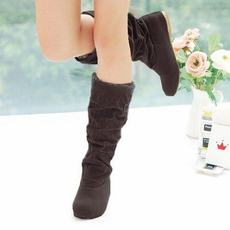 Ruched Suede Women Mid-Calf Slip-On Boots