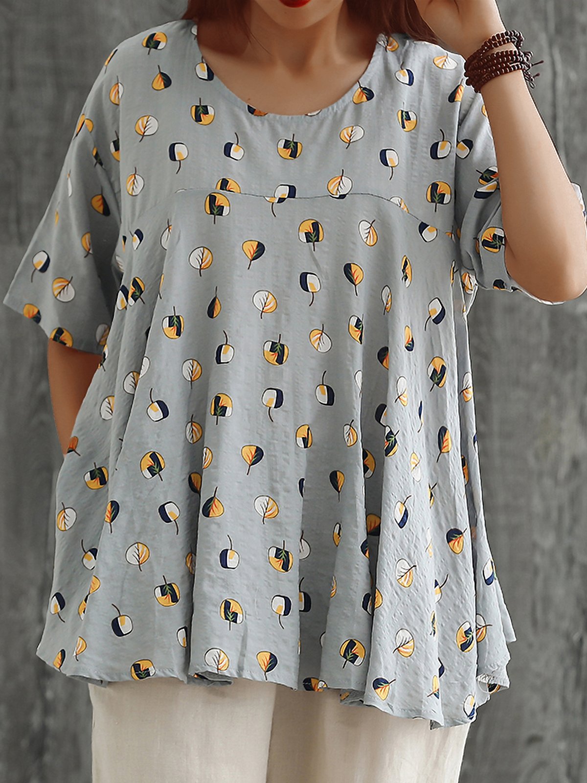 Plus Size Women Loose Cotton And Linen Round Neck Short Sleeve Floral Casual Tops