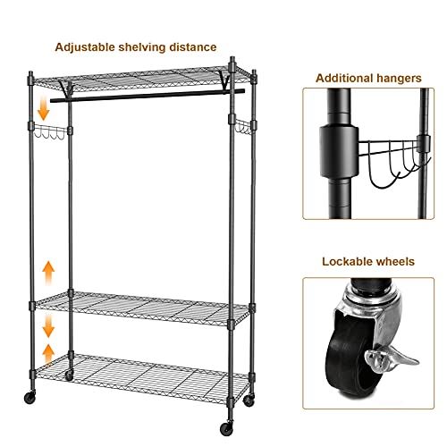 3 Tired Rolling Garment Rack with Adjustable Wire Shelf Hold Up to 400Lbs