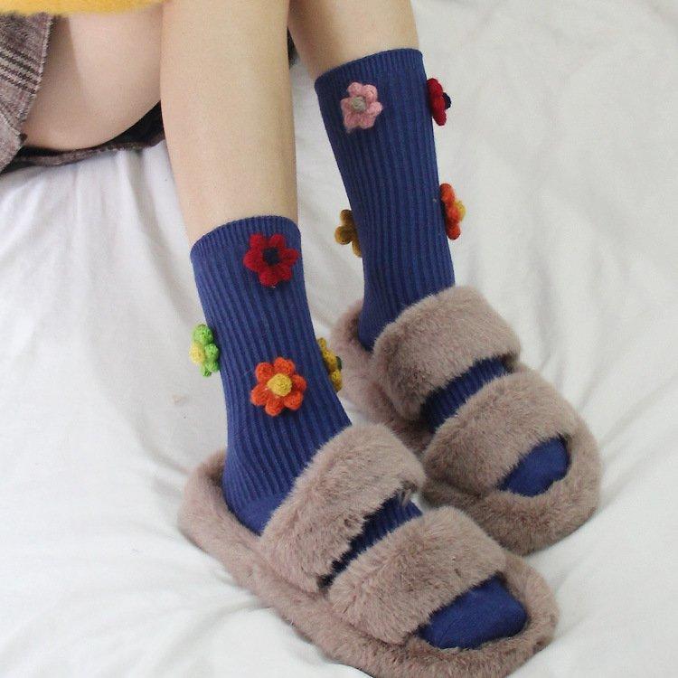Three-dimensional flower cotton women's vertical tube socks