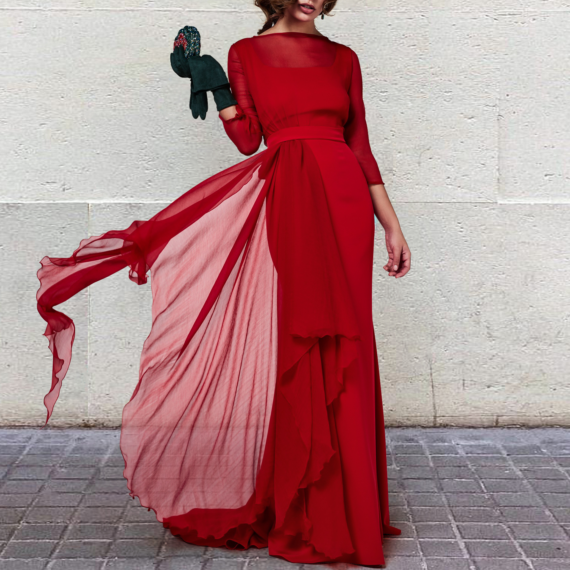 Elegant Chic Noble Slim Plain Ruffled Hem Long Sleeve Evening Dress