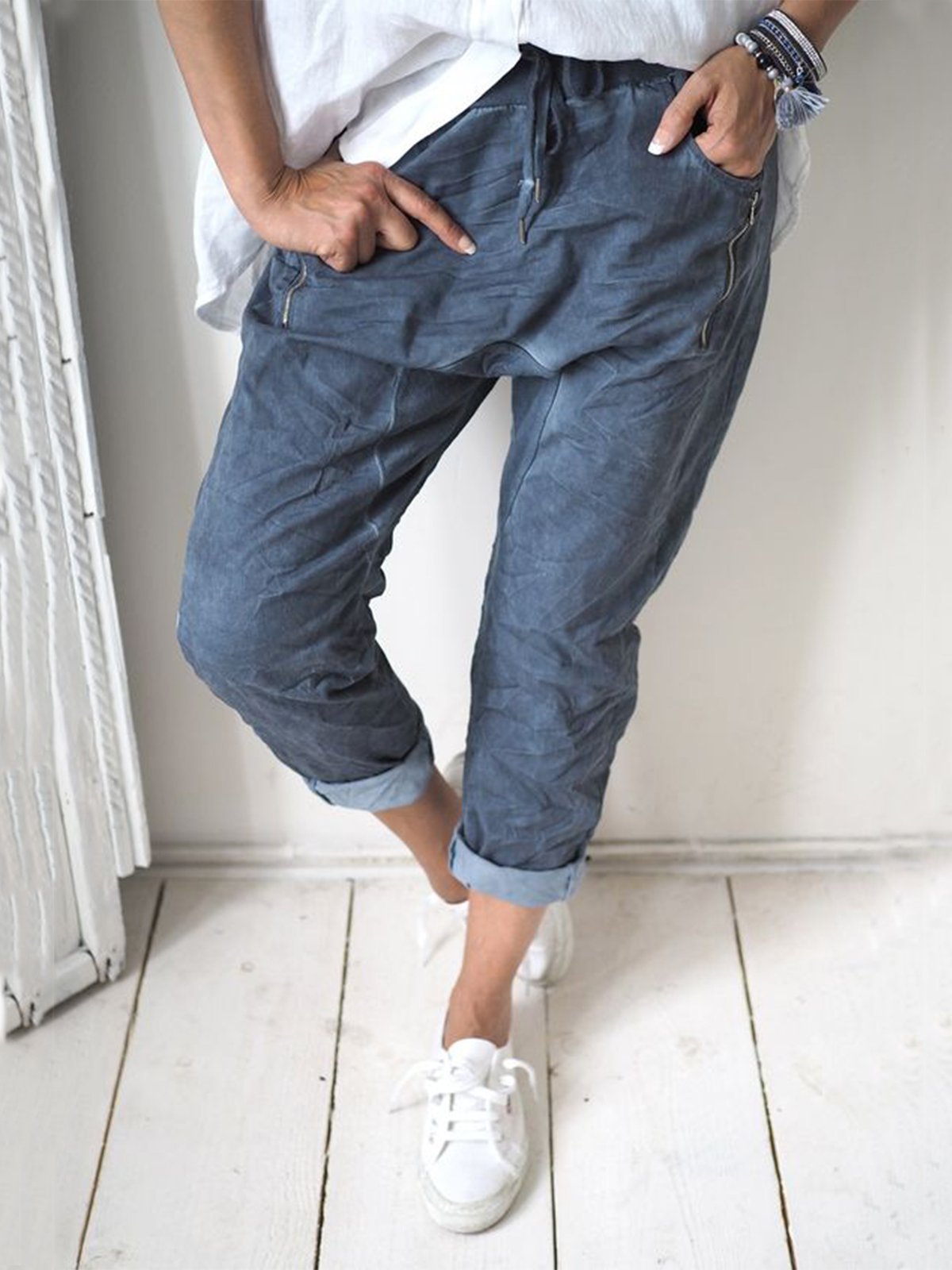 Casual Plus Size Solid Pants With Pockets
