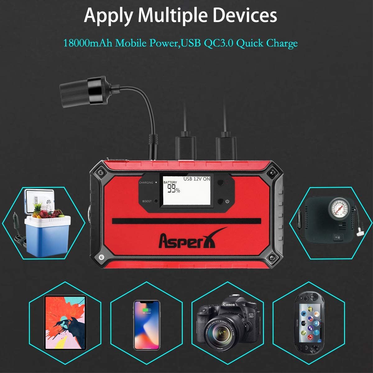 AsperX Jump Starter Car Booster Battery Starter Emergency Charging Device