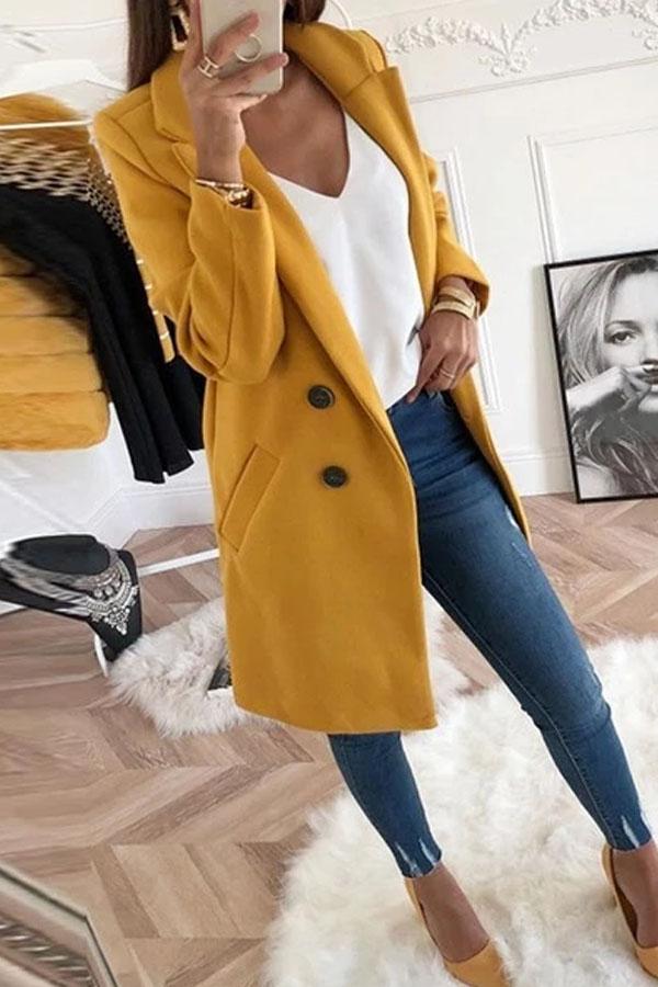 Lapel Long Sleeve Plain Button Pocket Casual Coats