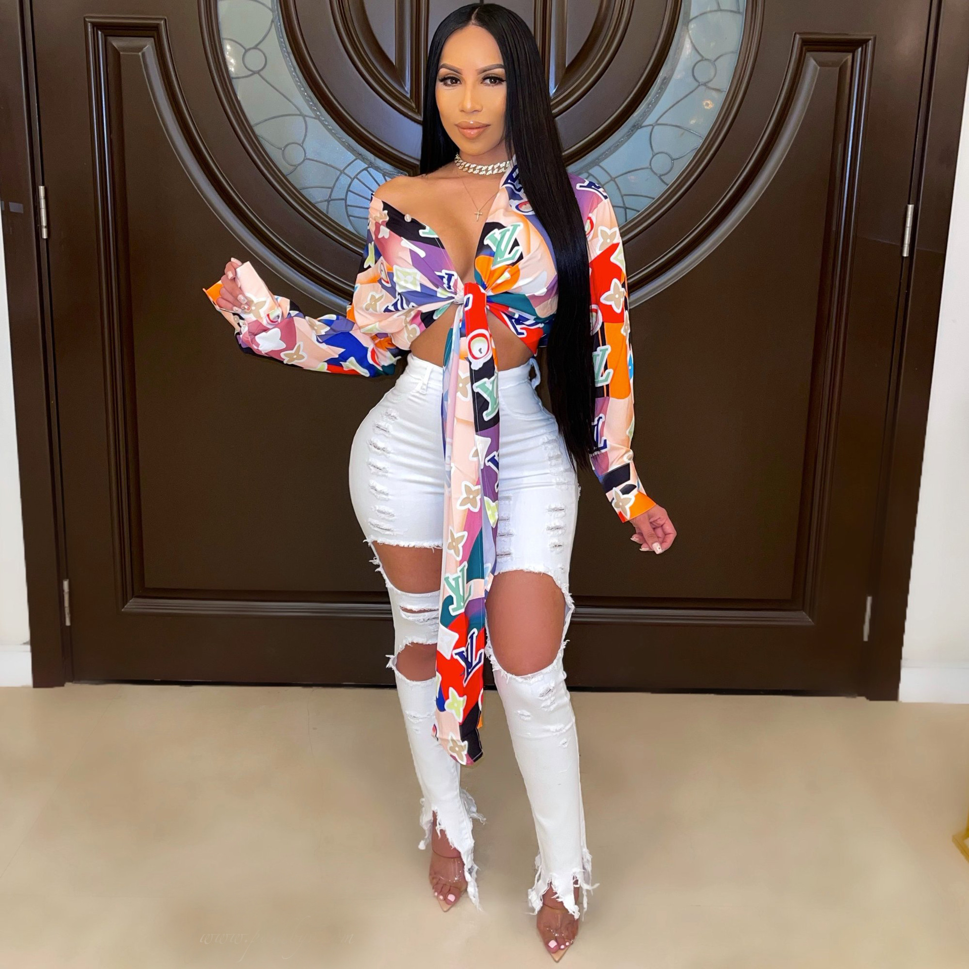 Breaking hole jeans female elastic feet 919-1