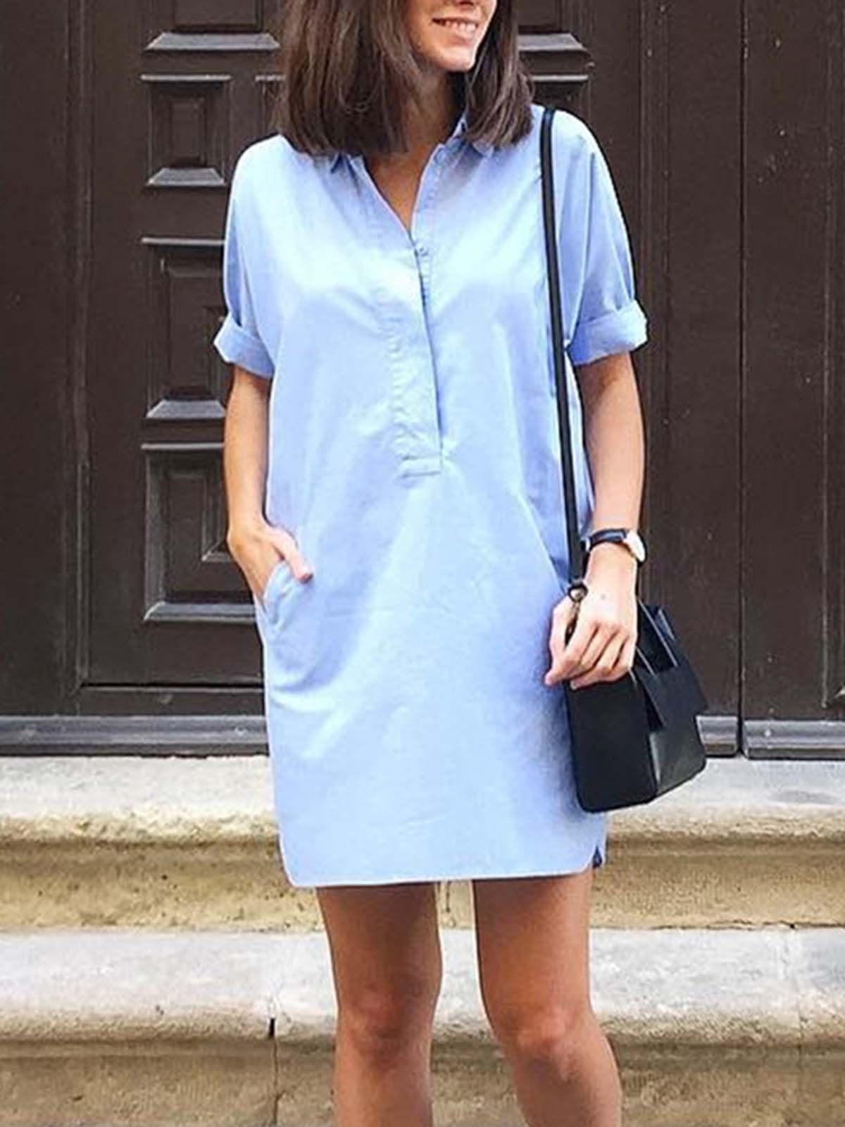 Light blue V Neck Half Sleeve Dresses