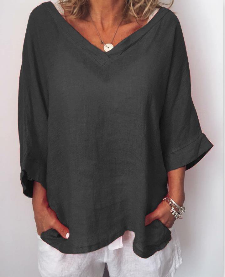 Women V Neck Thin Summer Linen Plus Size Casual Long Sleeve Solid Tops