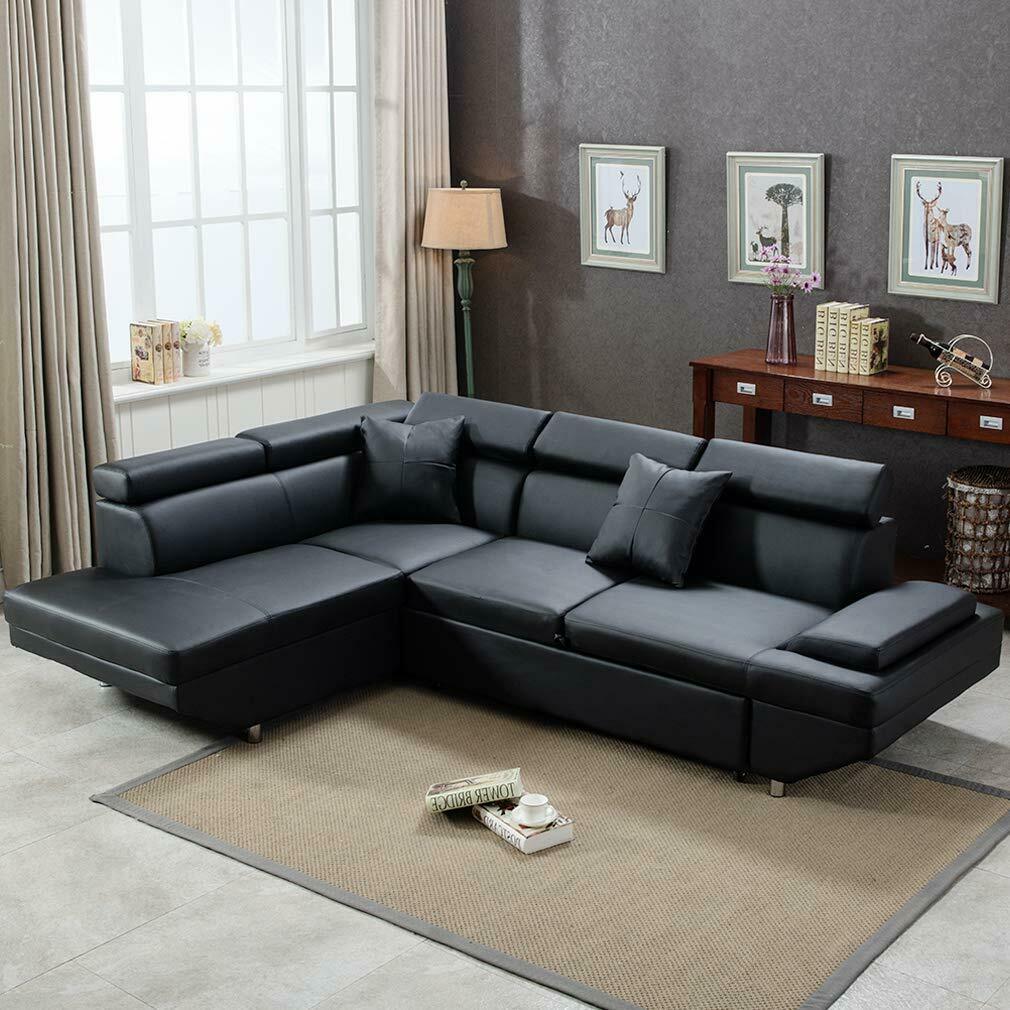 Contemporary Sectional Modern Sofa Bed - Black with Functional Armrest / Back L