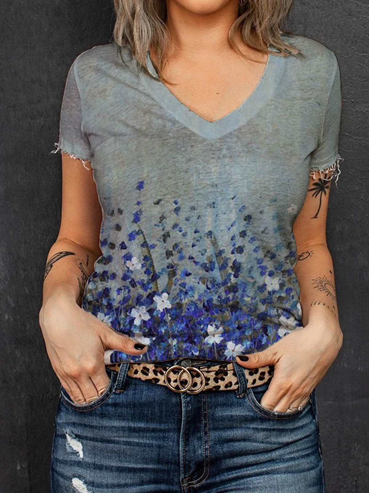 Short Sleeve Cotton-Blend Printed Vintage Shirts & Tops