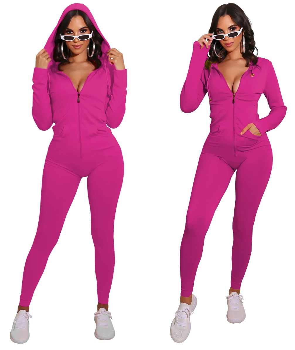 Autumn Sports Fitness Solid Plain Zip Up Hoodie Jumpsuit