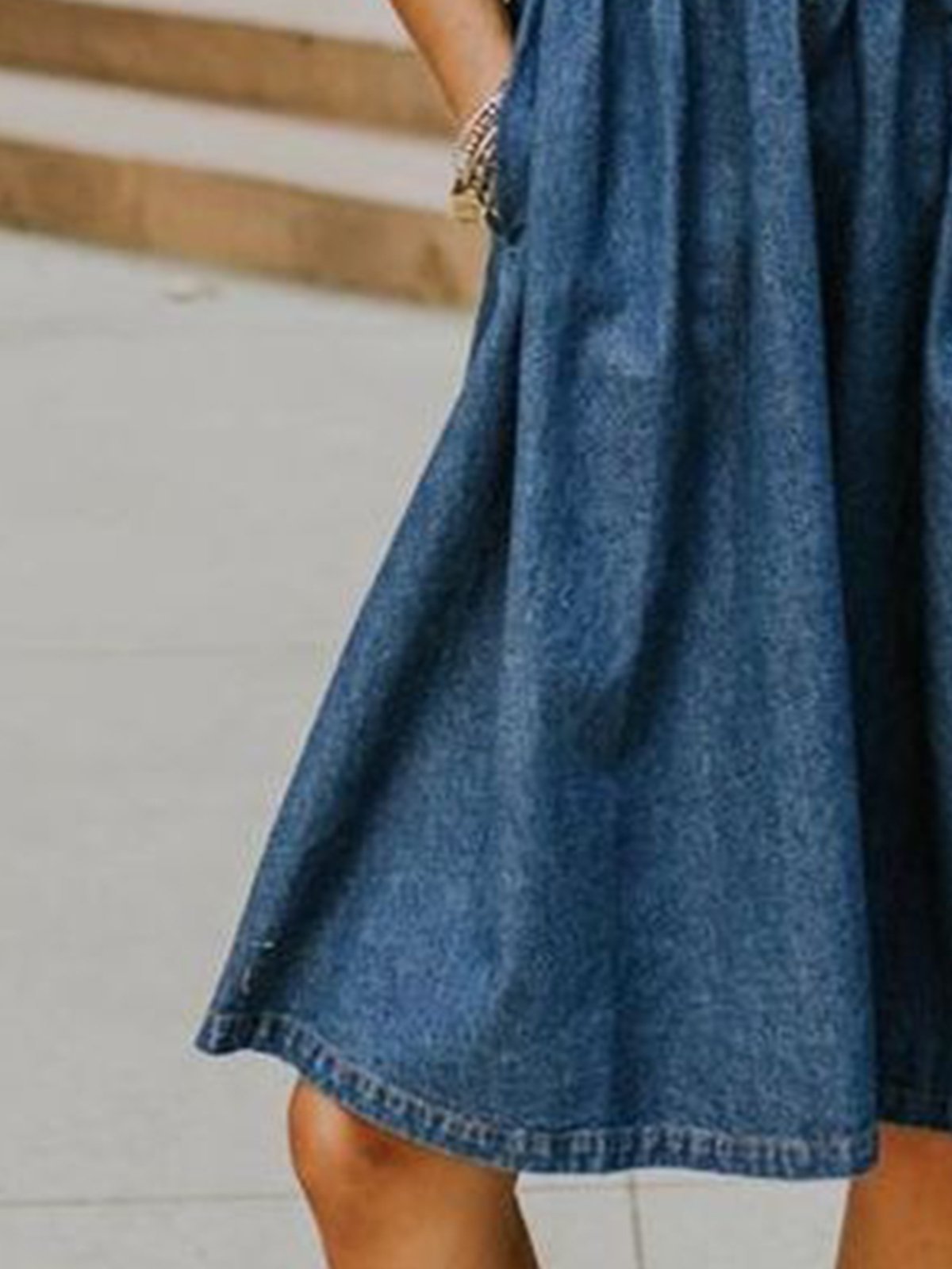 Blue Half Sleeve Crew Neck Plain Denim Dresses