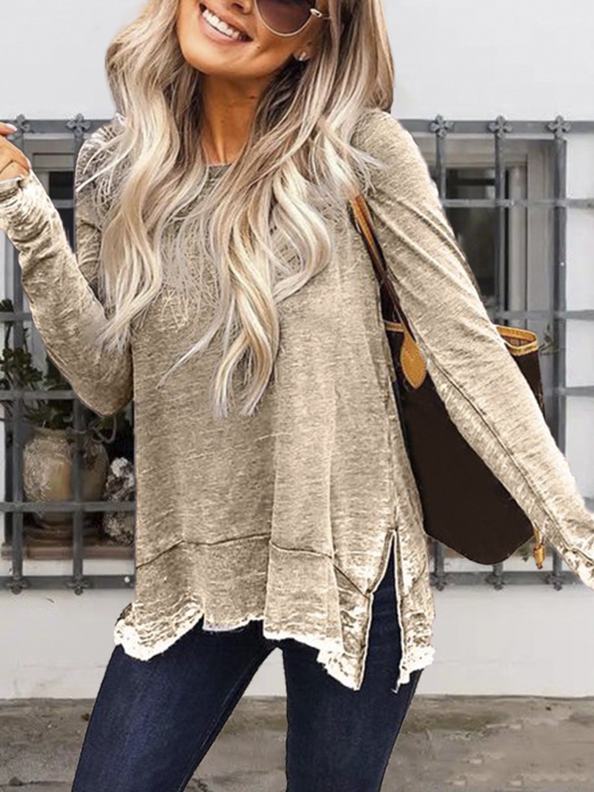 Plus Size Crew Neck Casual Long Sleeve Tops