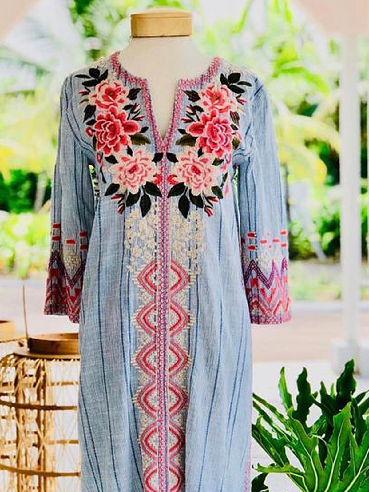 Printed V Neck Vintage 3/4 Sleeve Dresses