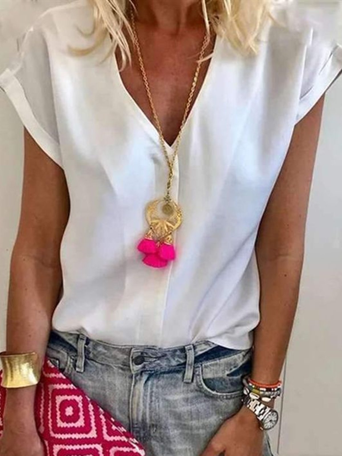 White Linen Shift V Neck Short Sleeve Shirts & Tops