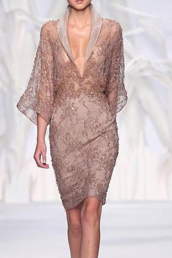 Sexy Deep V Gauze Splicing See-Through Bodycon Dresses