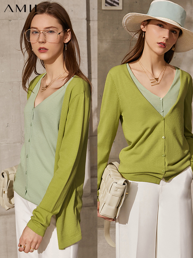 Amii Minimalism Spring New Cardigan For Women Fashion Vneck Patchwork Single Breasted Women's Sweaters Tops 12140131