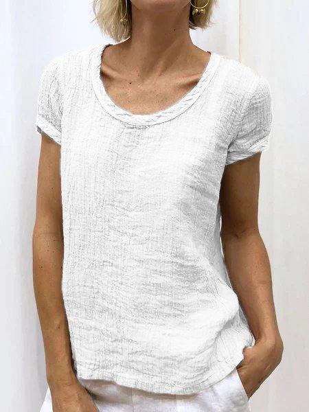 Plain Linen Short Sleeve Casual Blouses
