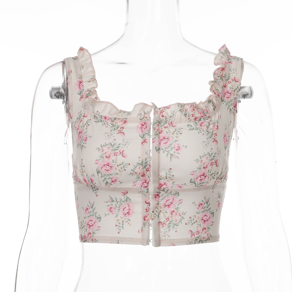 Summer Vintage Floral Sleeveless Ruffle Crop Top
