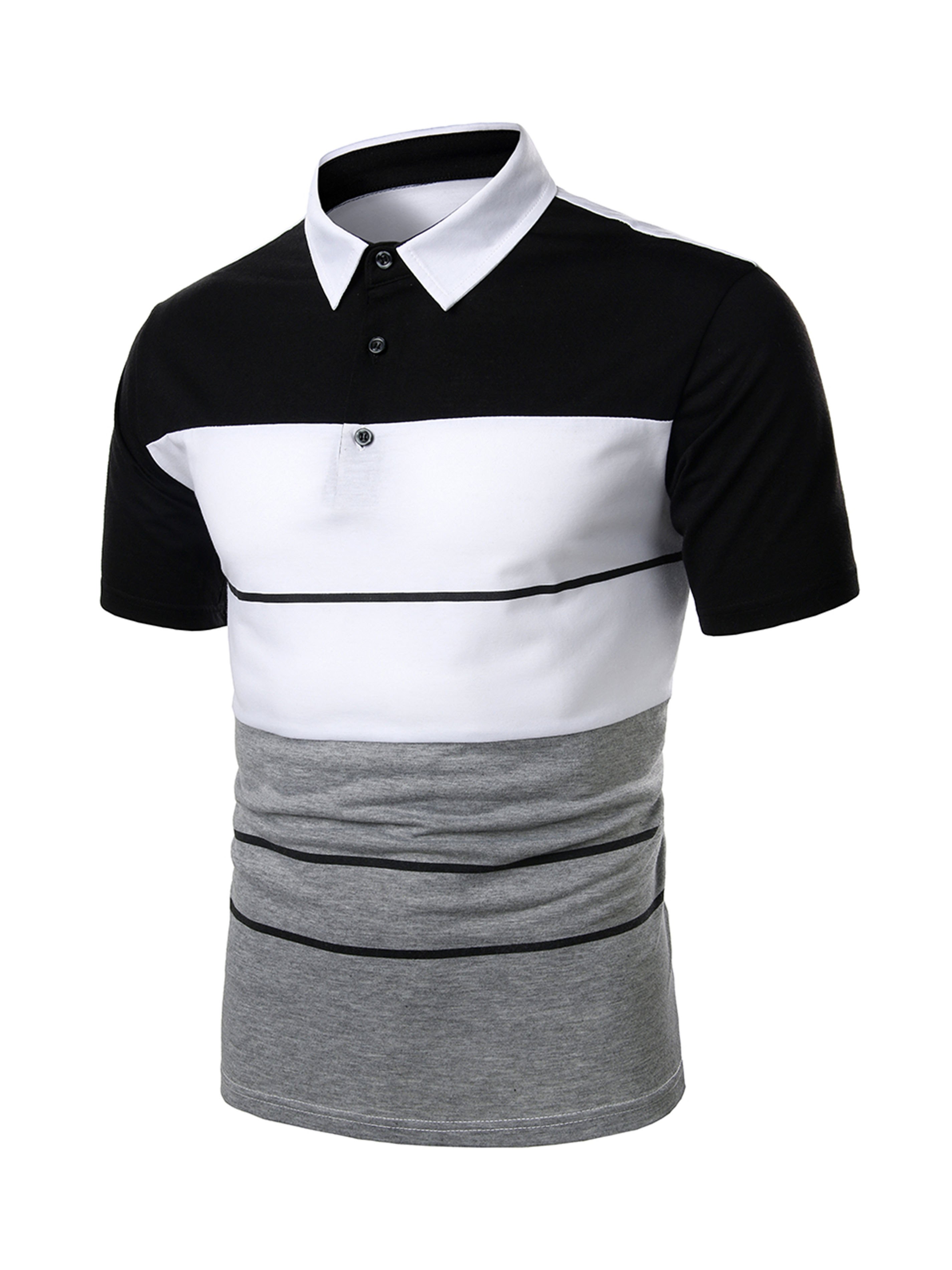Men's Casual Striped Color Block Polo Shirt