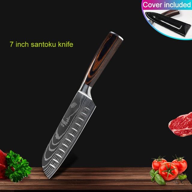 Kitchen knives Set Professional Chef Knives Stainless Steel Imitation Damascus Pattern Santoku Cleaver Slicing Utility Knives