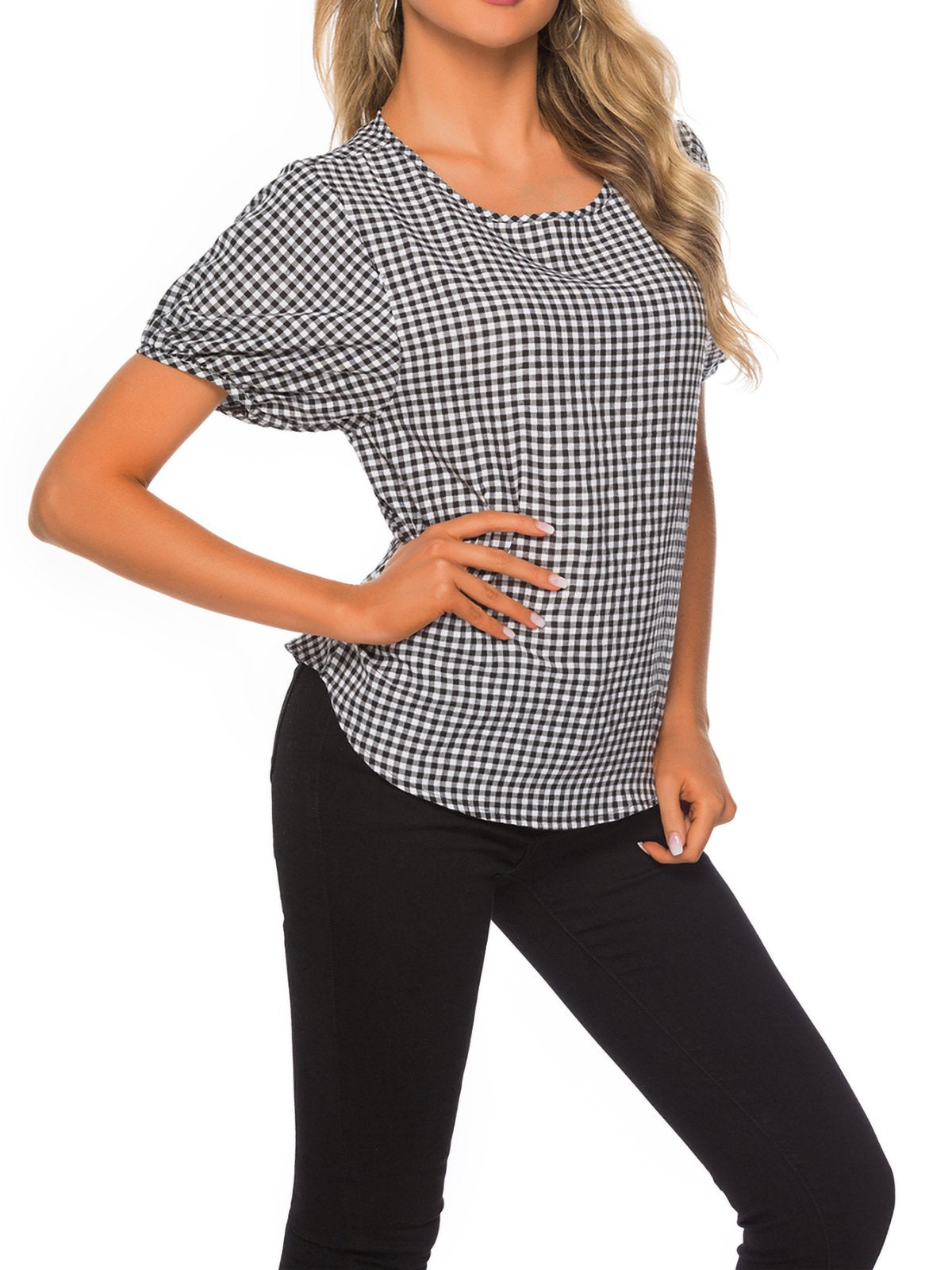 Women Bow Lantern Sleeve Round Neck Short Sleeve Plaid T-Shirt Top