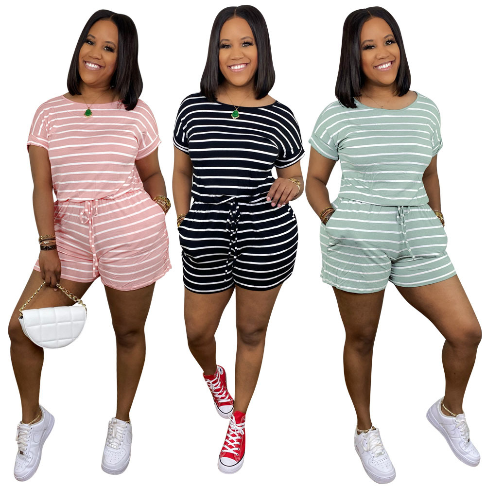 Summer new style striped drawstring zipper jumpsuit YYU6561