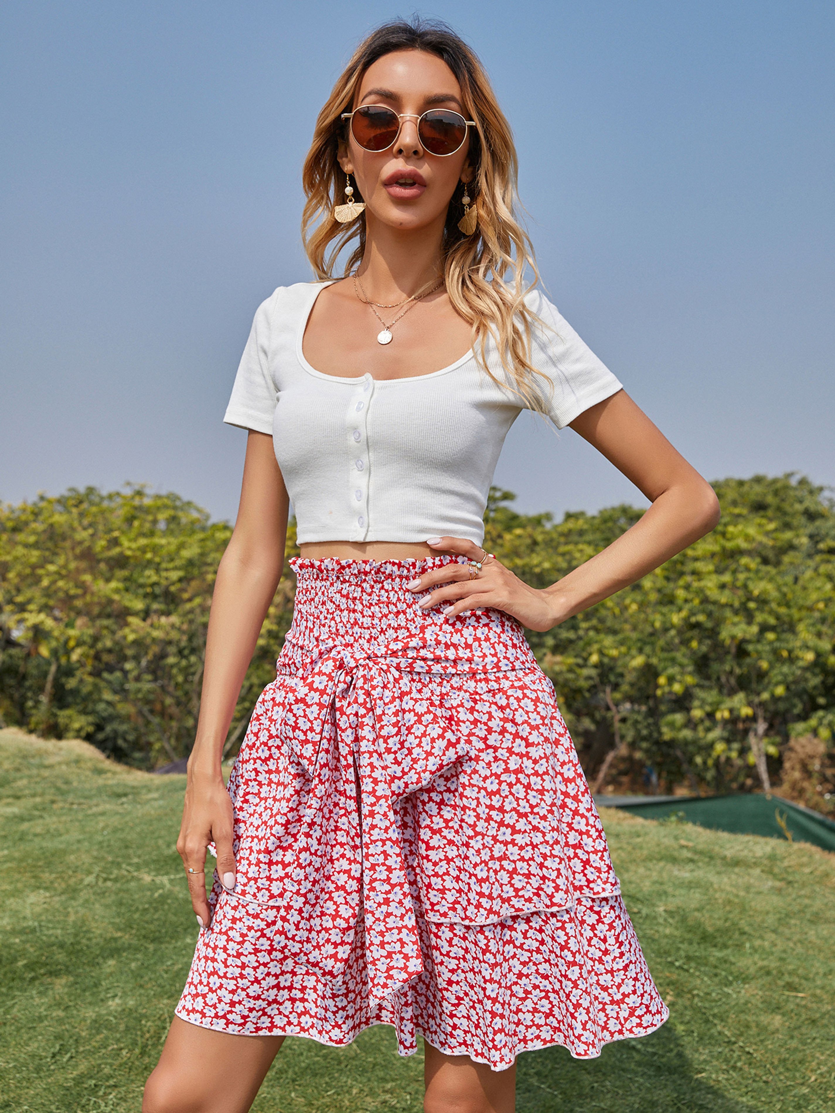Floral Printed Smocked Layered Flounce Skirt