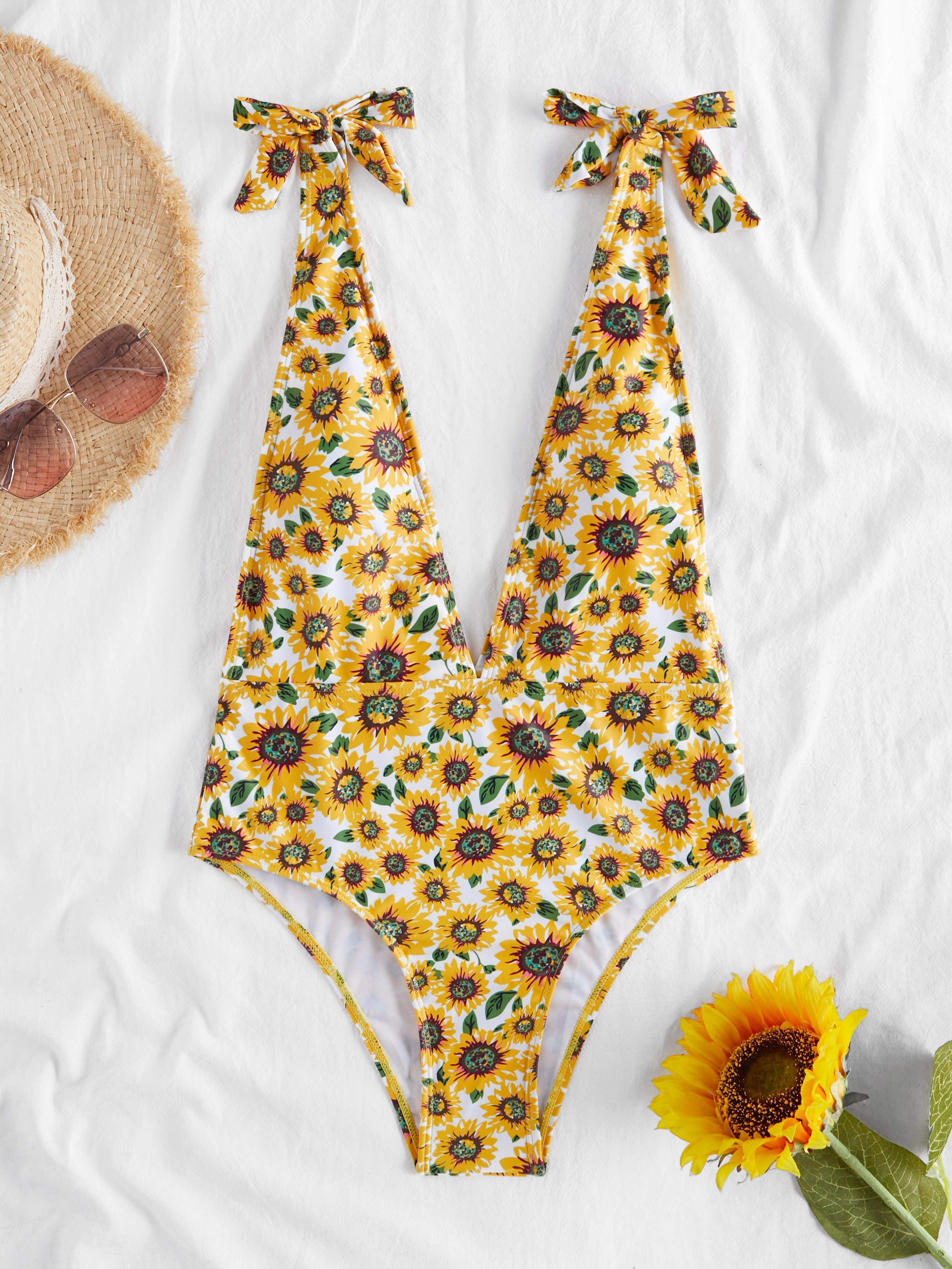 Sunflower Print Tied Shoulder Plunging Swimsuit