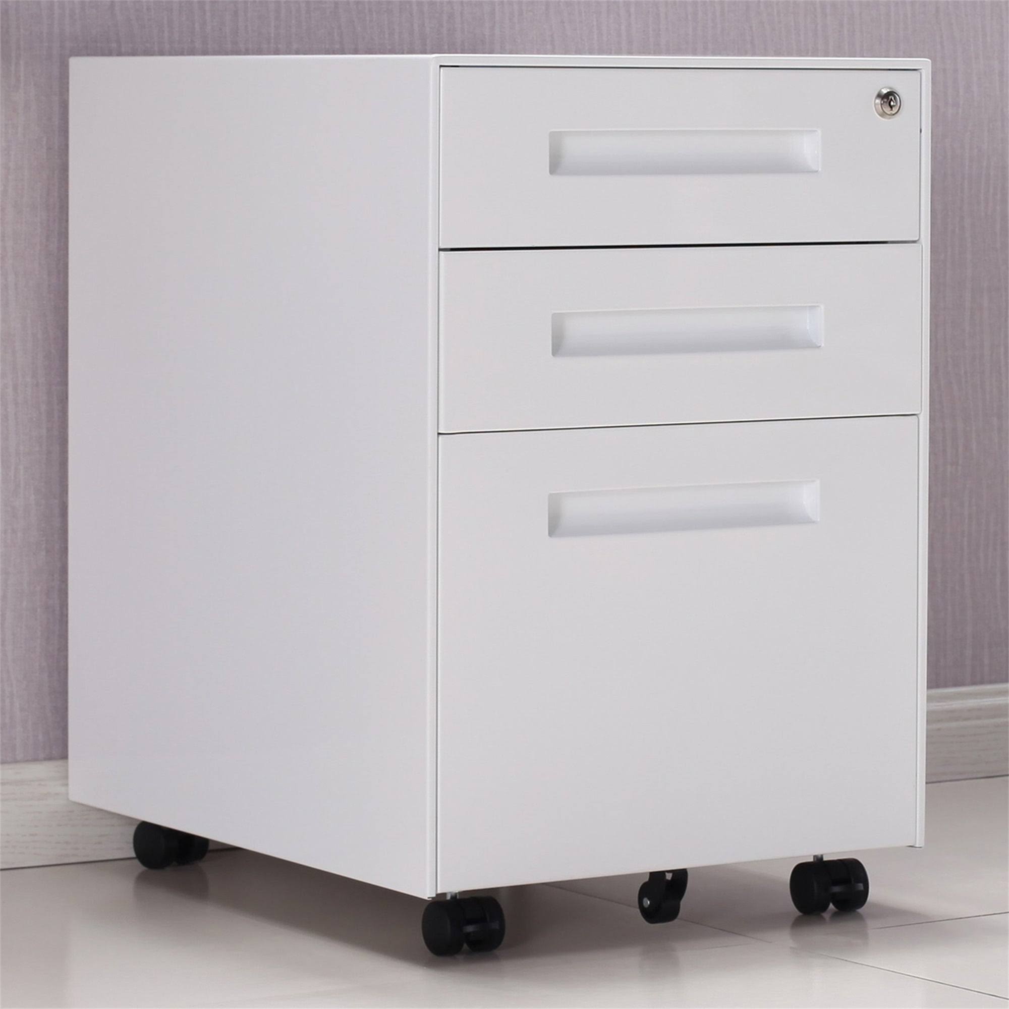 3-Drawer Mobile Metal File Cabinet with Lock and Keys White - Letter
