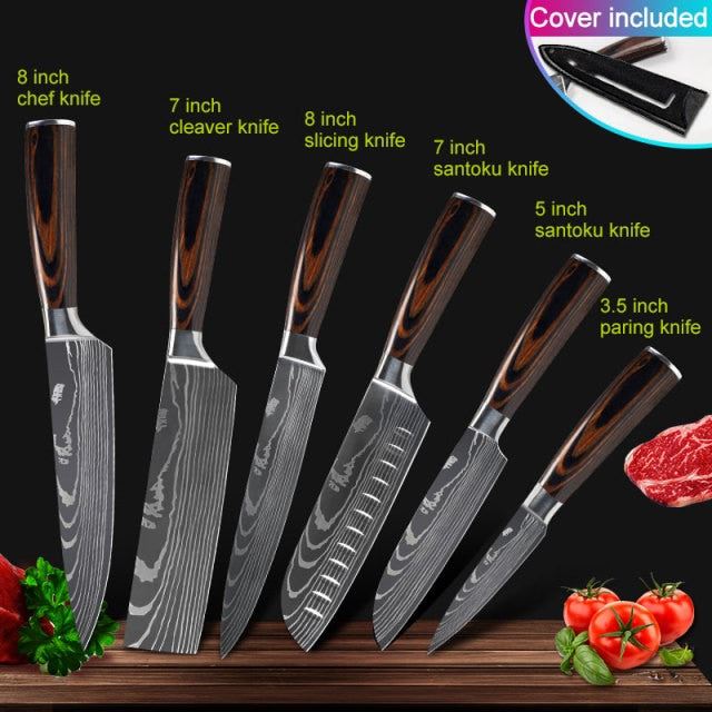 Kitchen knives Set Professional Chef Knives Stainless Steel Imitation Damascus Pattern Santoku Cleaver Slicing Utility Knives