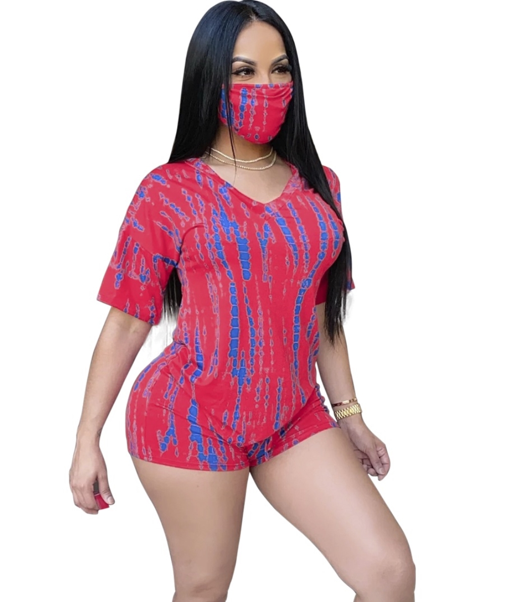 Summer Tie Dye Two Piece Shorts Set with Face Cover
