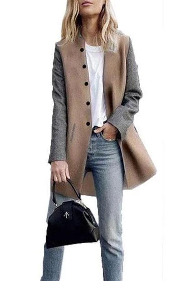 Round Neck  Single Breasted  Color Block Coats