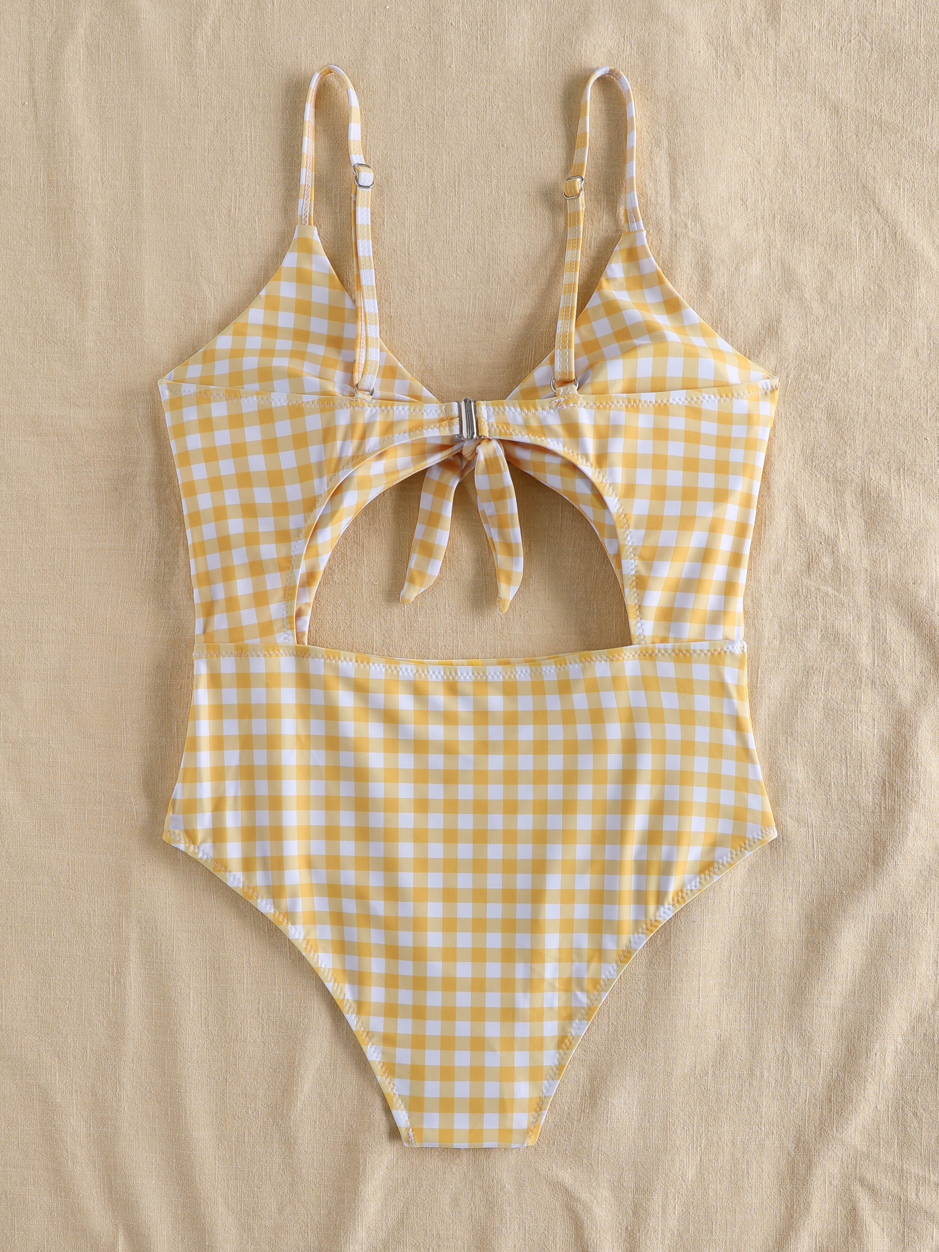Plaid Print Cut Out One-Piece Swimwear