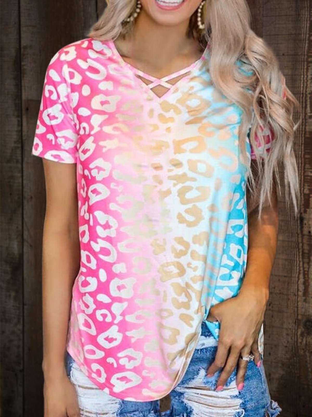 As Picture V Neck Casual Short Sleeve Tops