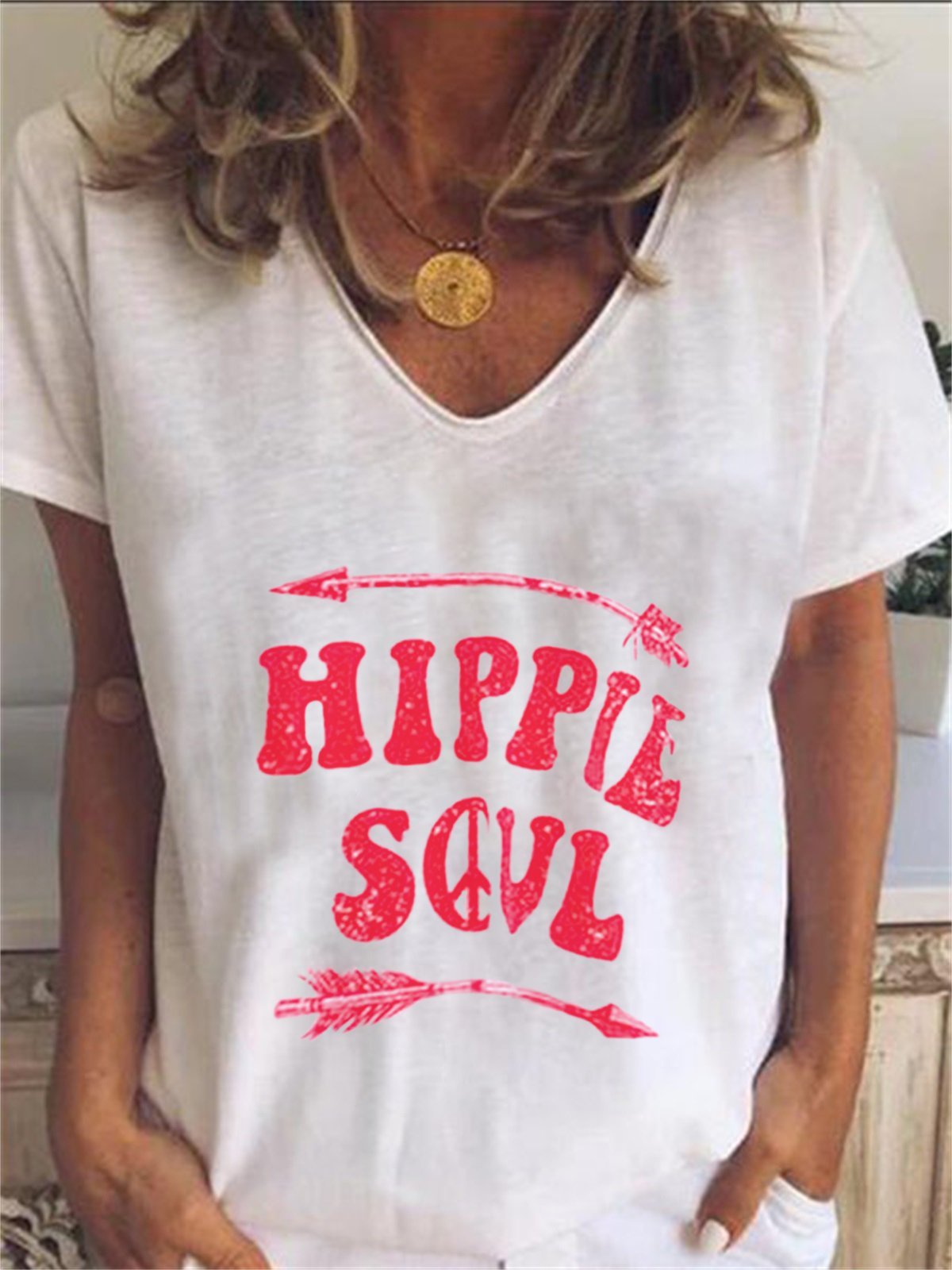 Plus Size Women Short Sleeve V Neck Vintage Letter Floral Casual Tops