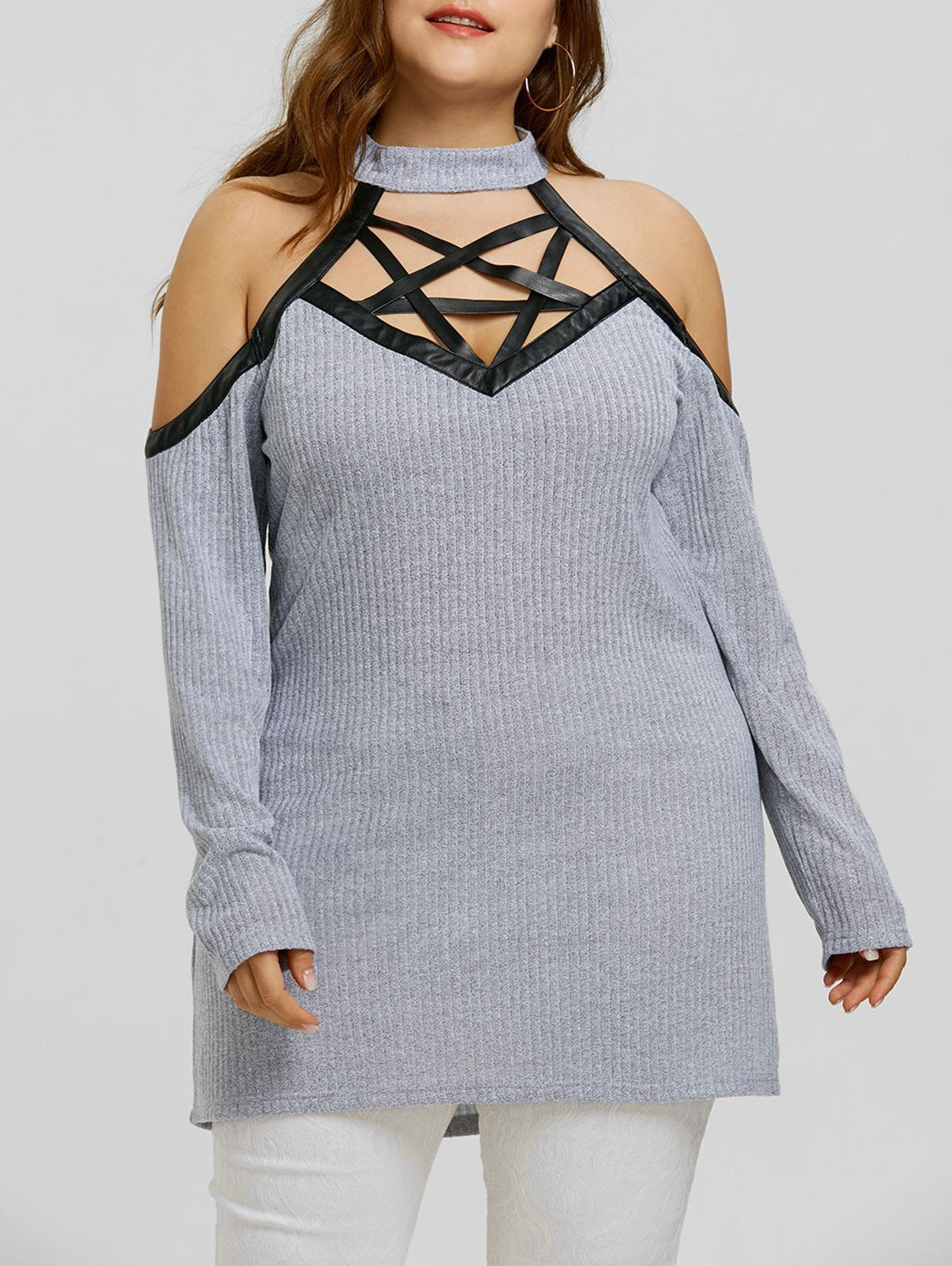 Cotton Patchwork Straped Hollow-up Sexy Paneled Long Sleeve Sweaters