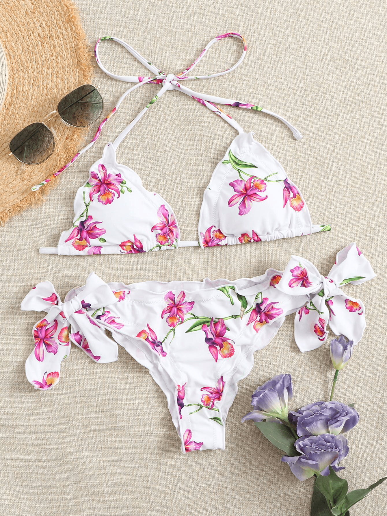 Floral Printed Tie Side Halter Bikini