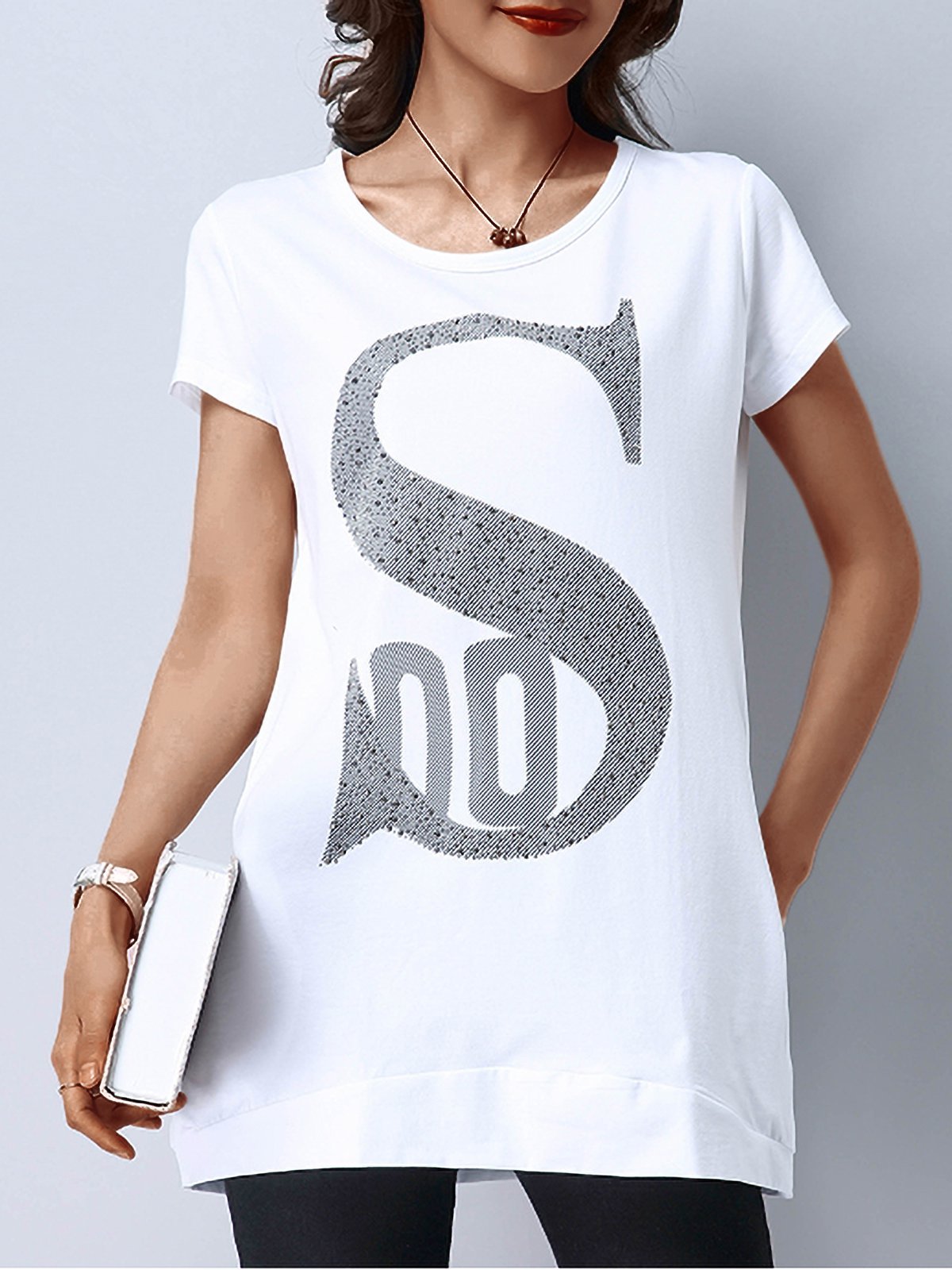 Plus Size Women Loose Cotton Letter Floral Short Sleeves Round Neck Casual Tops